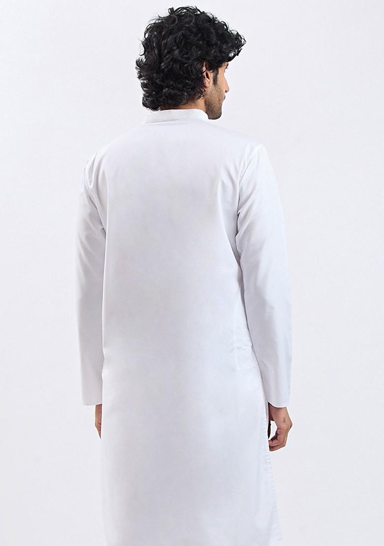 White Solid Cotton Kurta For Men