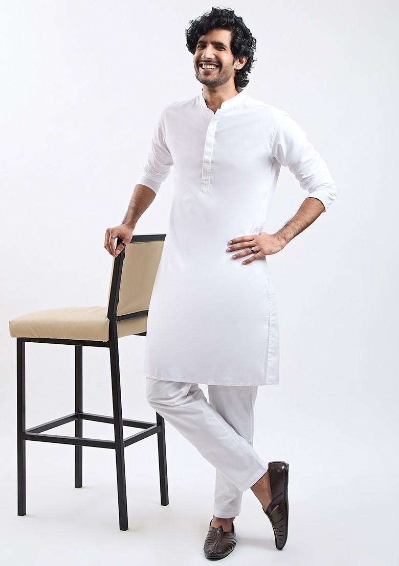 White Solid Cotton Kurta For Men