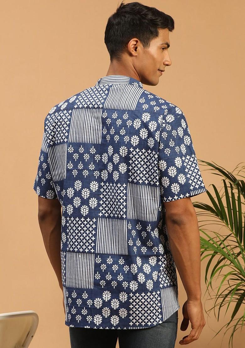 Blue Ethnic Motifs Poly Blend Kurta For Men