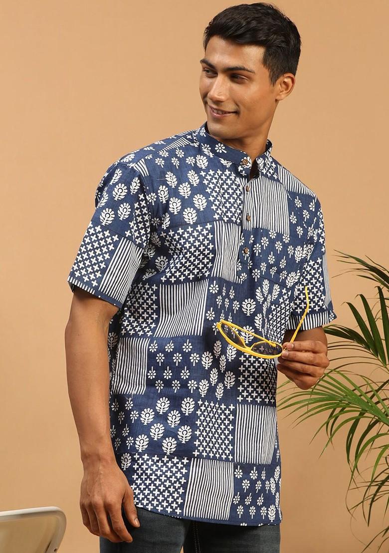 Blue Ethnic Motifs Poly Blend Kurta For Men