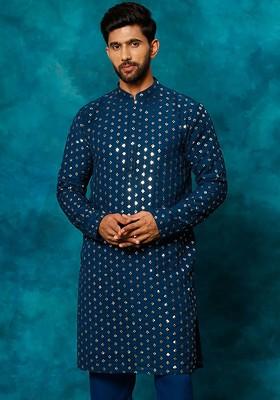 Navy Blue Embroidered Poly Blend Kurta For Men