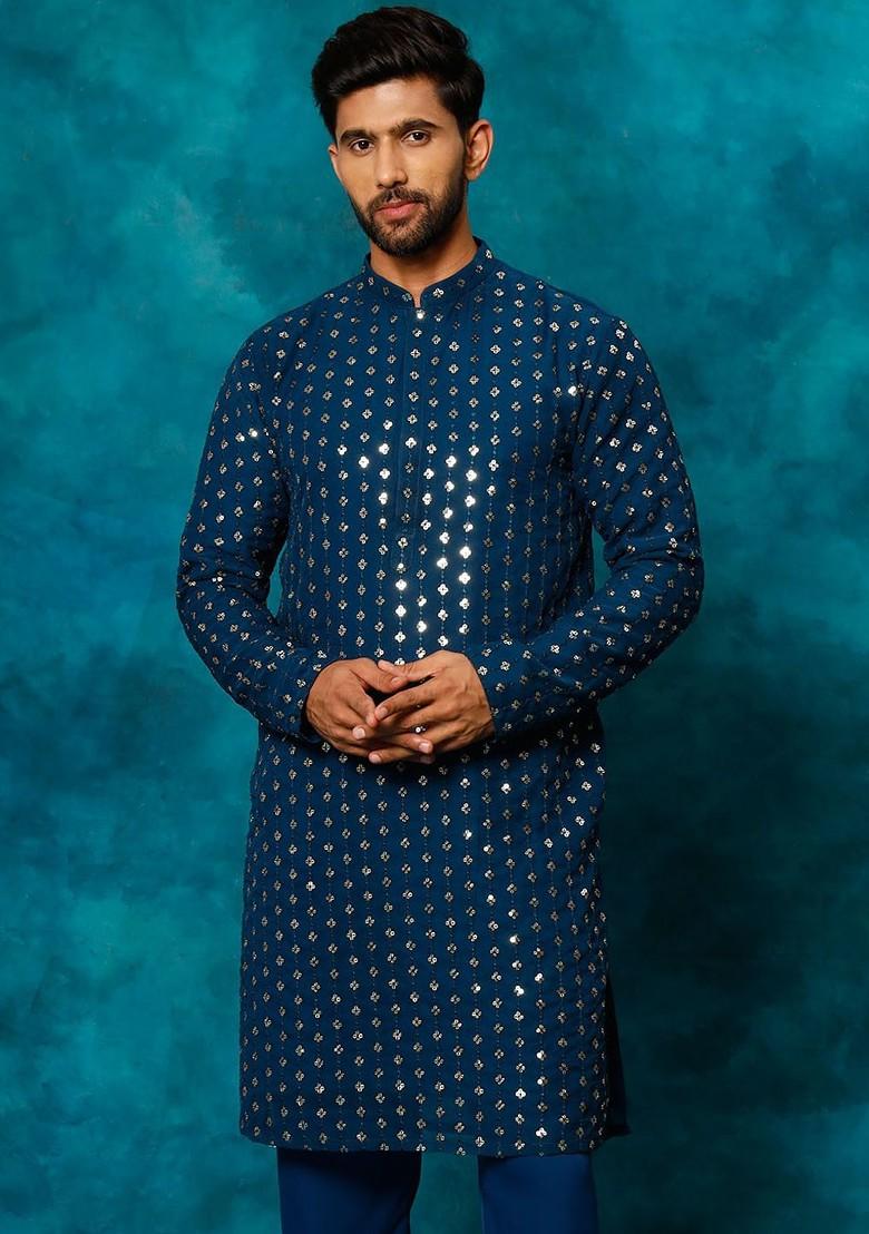 Navy Blue Embroidered Poly Blend Kurta For Men