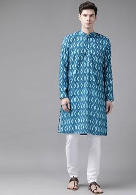 Turquoise Blue Ethnic Motifs Cotton Kurta For Men
