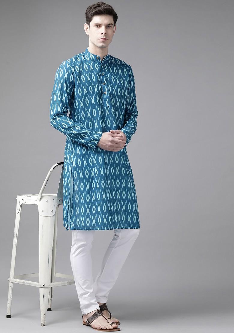 Turquoise Blue Ethnic Motifs Cotton Kurta For Men