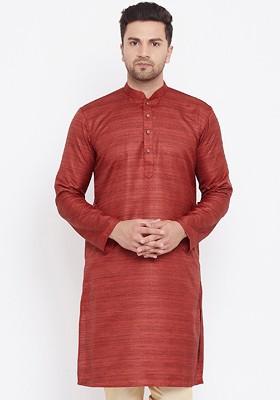 Maroon Woven Silk Kurta For Men