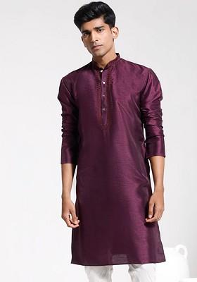 Burgundy Solid Poly Blend Kurta For Men