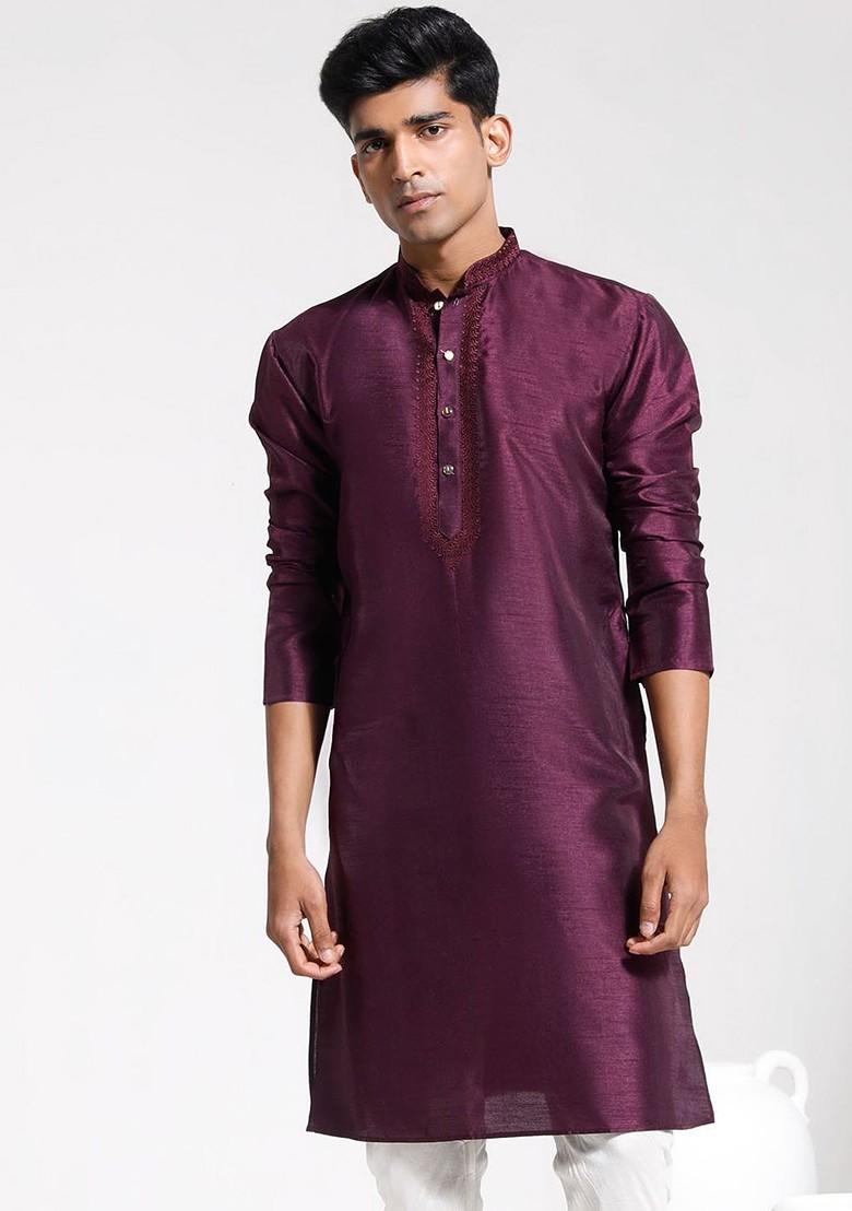 Burgundy Solid Poly Blend Kurta For Men