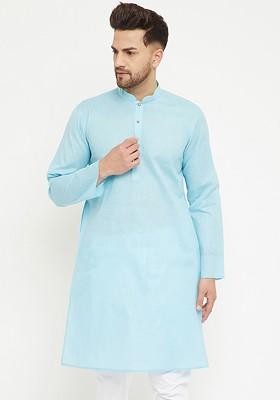 Blue Solid Cotton Kurta For Men