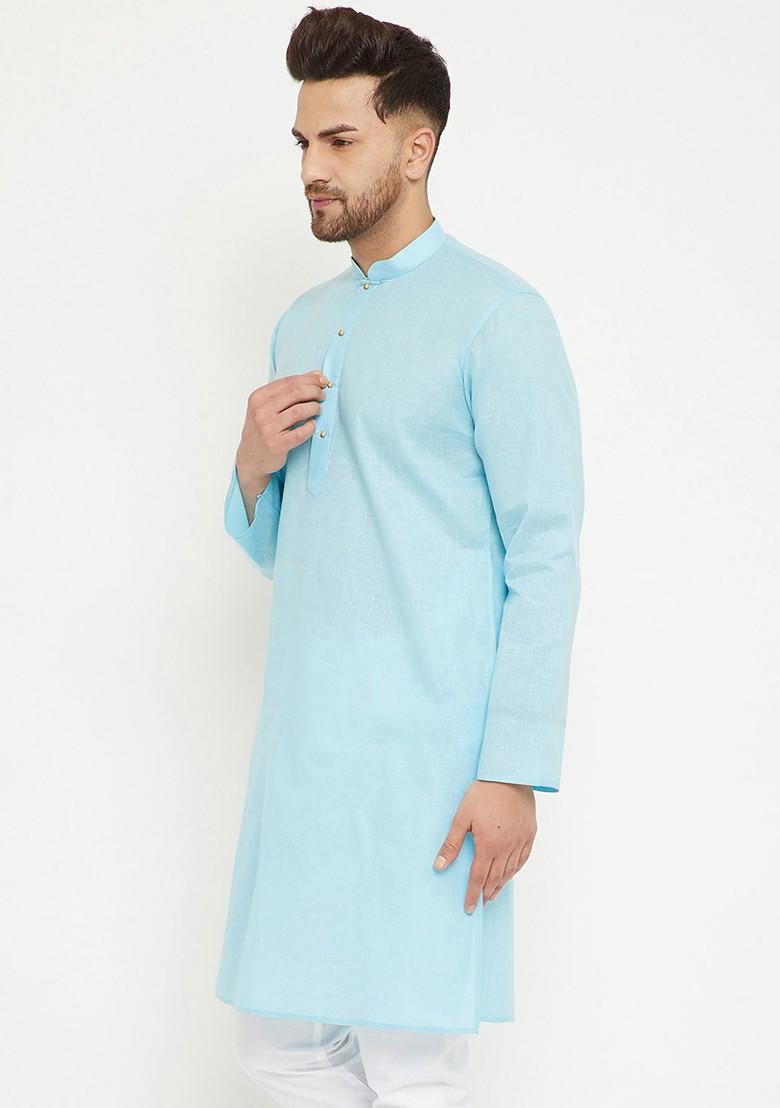 Blue Solid Cotton Kurta For Men