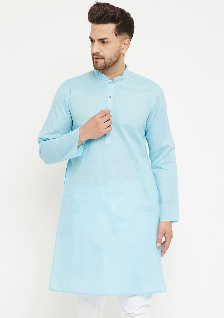 Blue Solid Cotton Kurta For Men