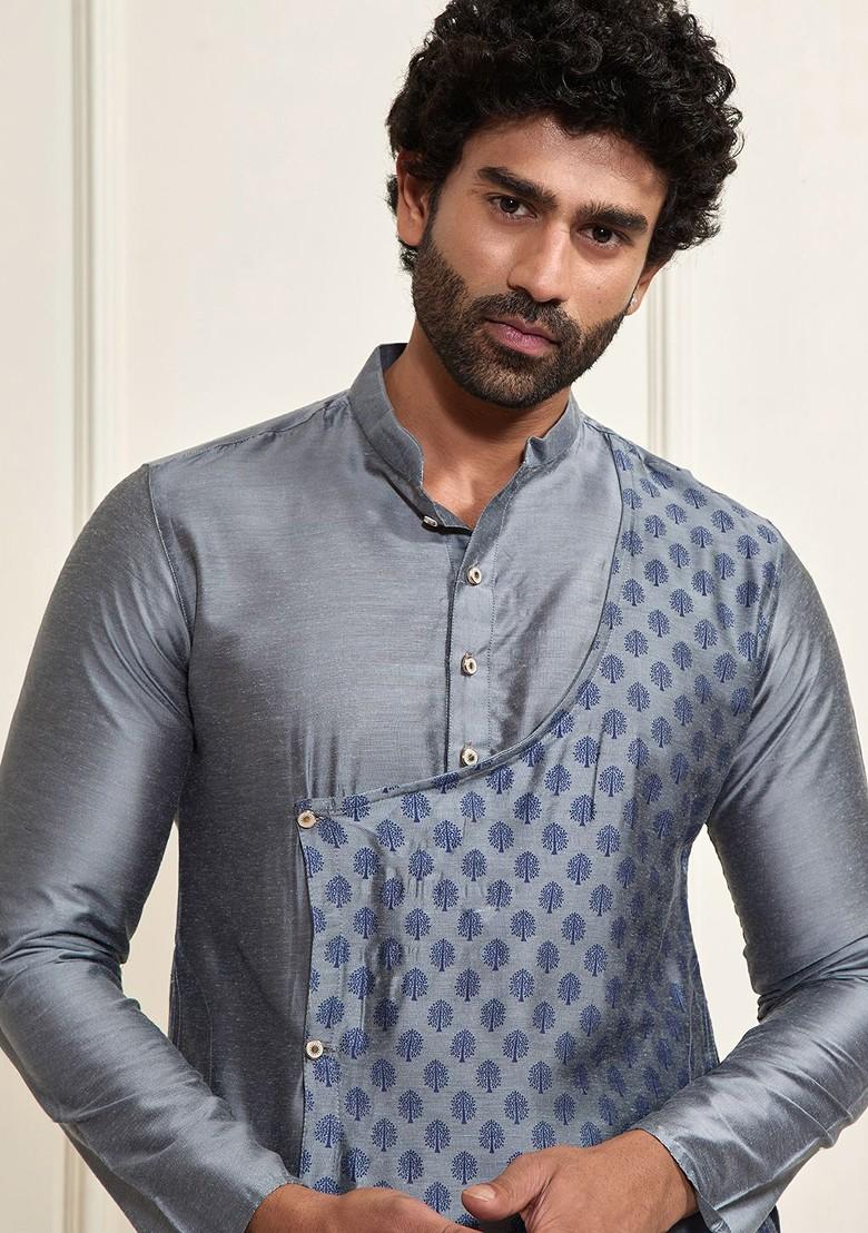 Grey Ethnic Motifs Poly Blend Kurta For Men