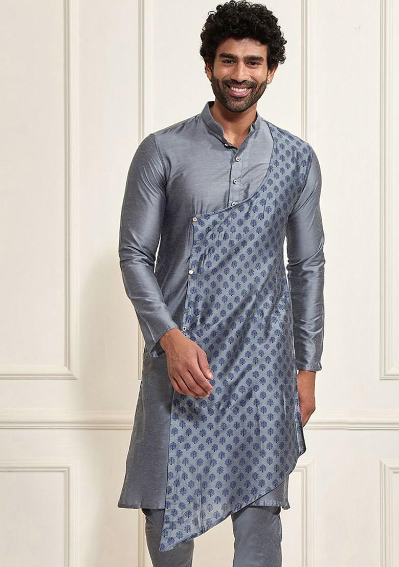 Grey Ethnic Motifs Poly Blend Kurta For Men