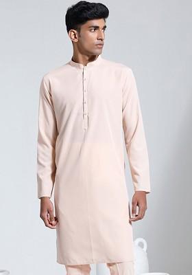 Peach Thread Work Crepe Kurta For Men
