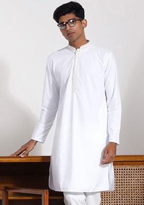 White Thread Work Silk Kurta For Men