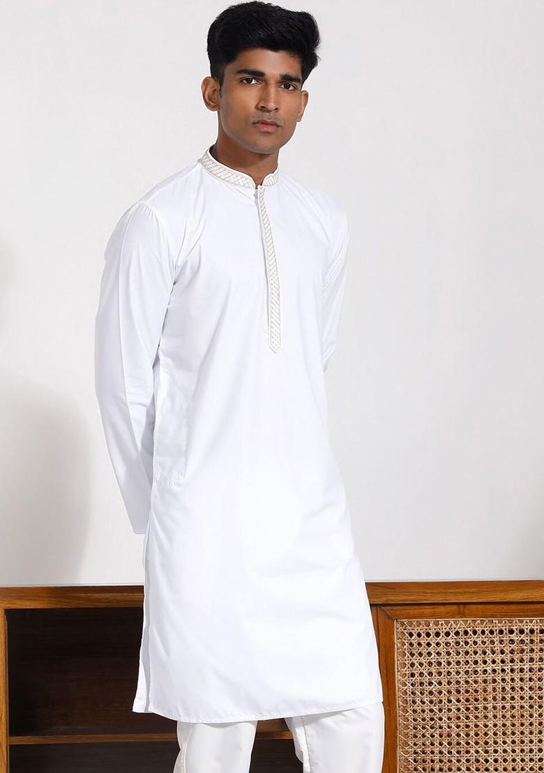 White Thread Work Silk Kurta For Men