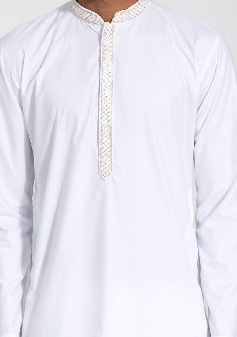 White Solid Cotton Kurta For Men