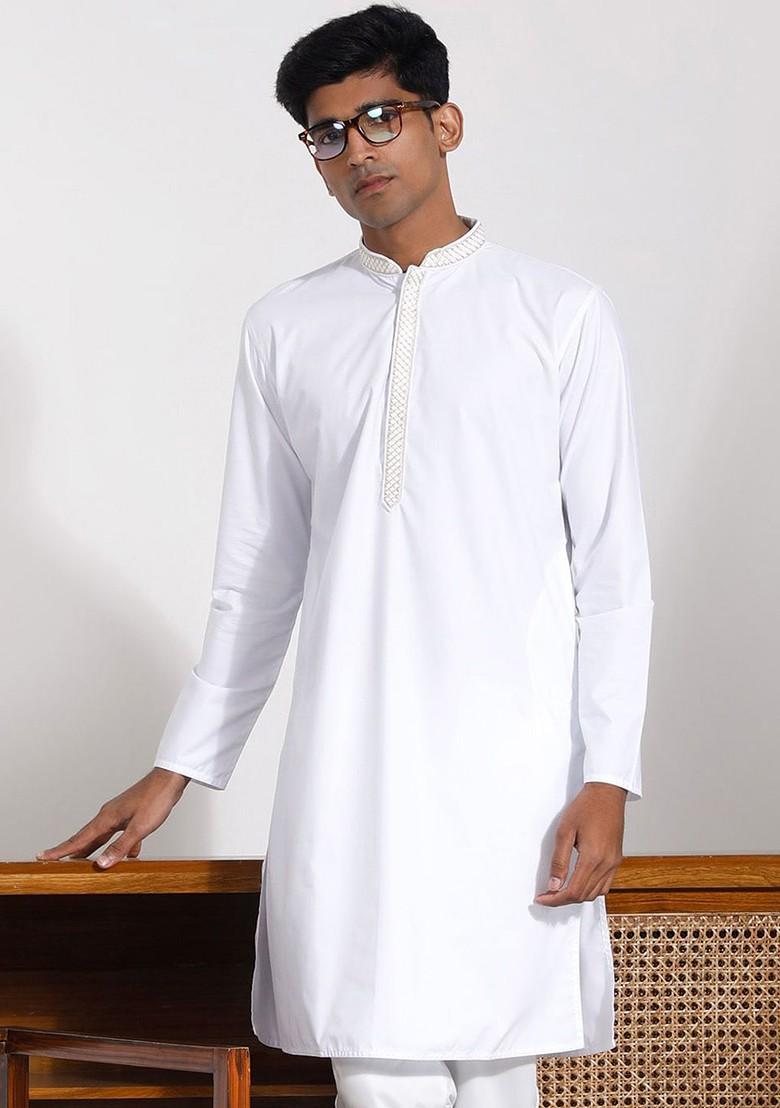 White Solid Cotton Kurta For Men