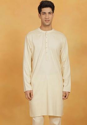 Cream Solid Cotton Kurta For Men