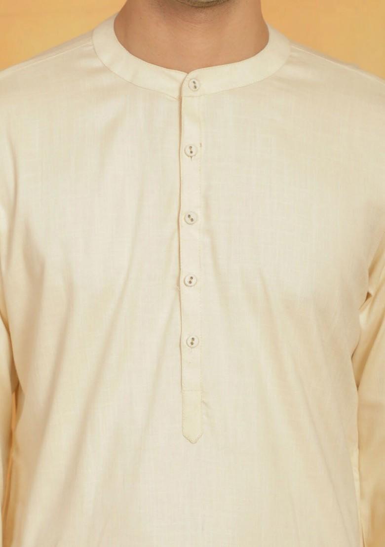 Cream Solid Cotton Kurta For Men