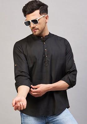Black Solid Cotton Kurta For Men