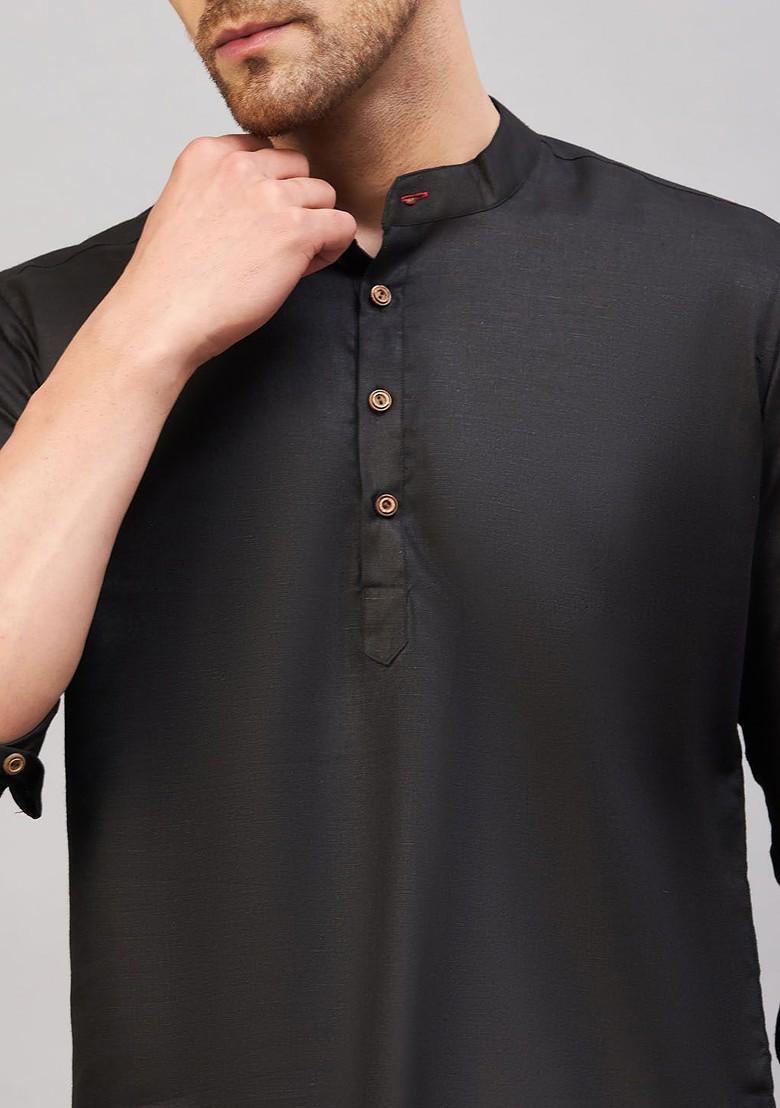 Black Solid Cotton Kurta For Men