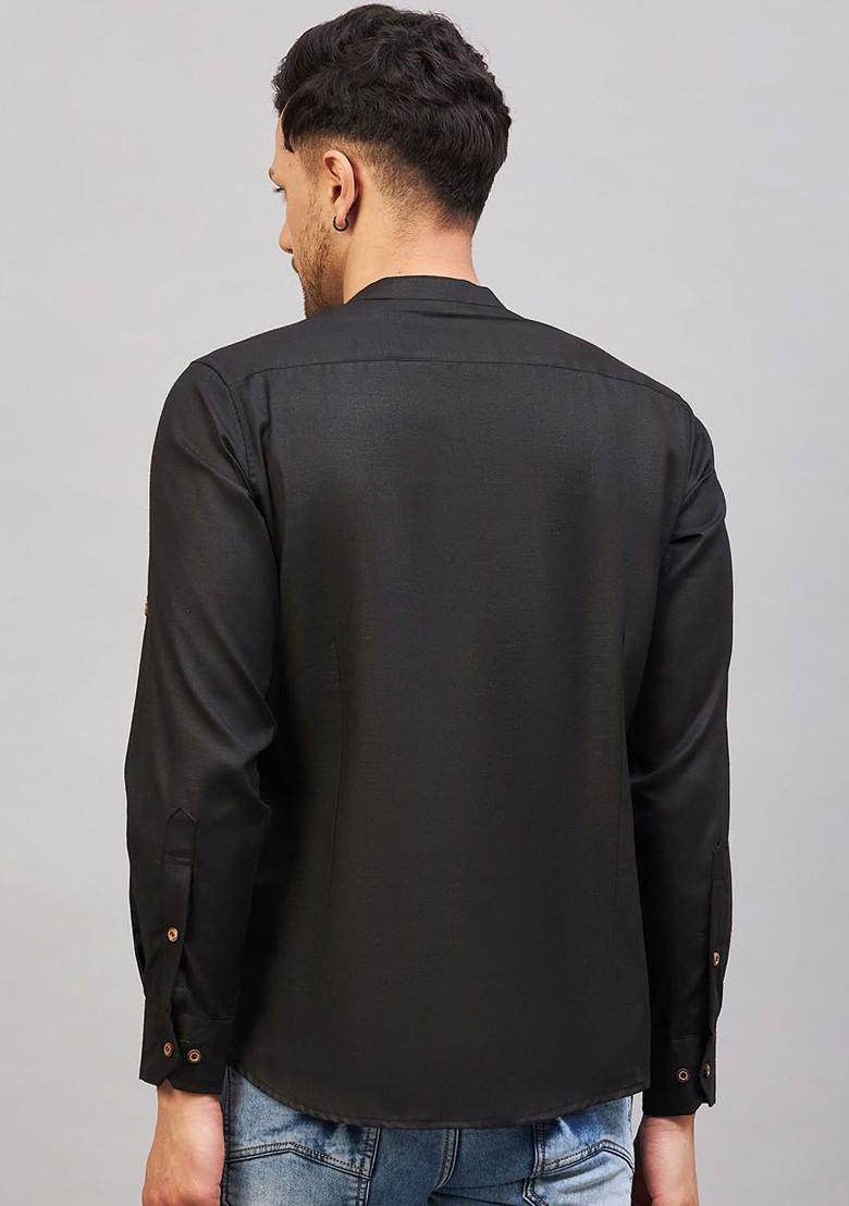 Black Solid Cotton Kurta For Men