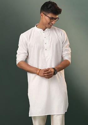 White Solid Poly Blend Kurta For Men