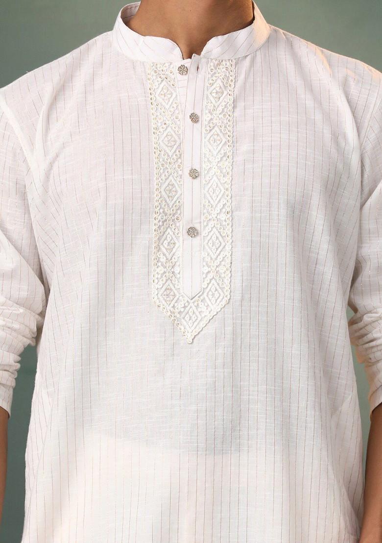 White Solid Poly Blend Kurta For Men