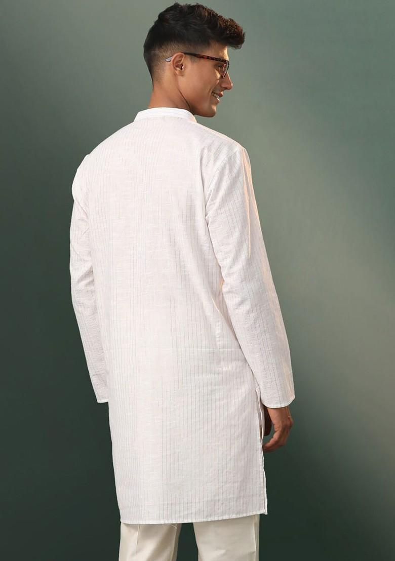 White Solid Poly Blend Kurta For Men