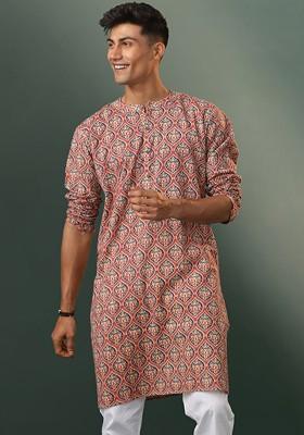 Red Ethnic Motifs Poly Blend Kurta For Men