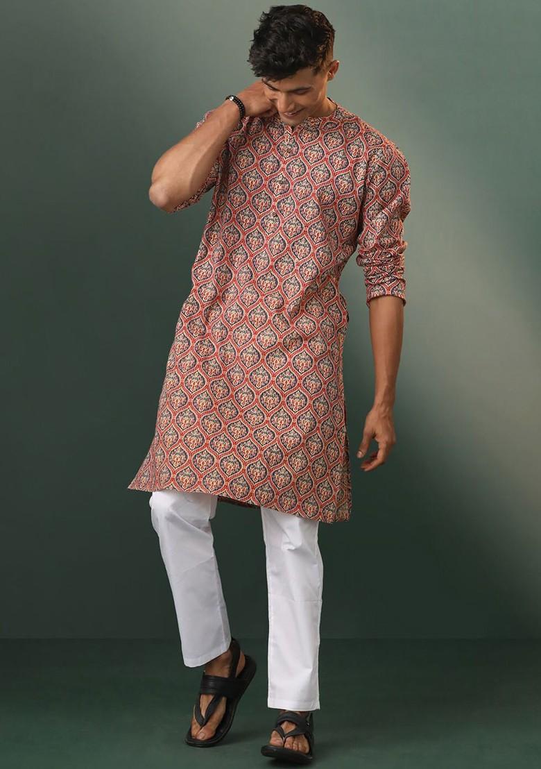 Red Ethnic Motifs Poly Blend Kurta For Men