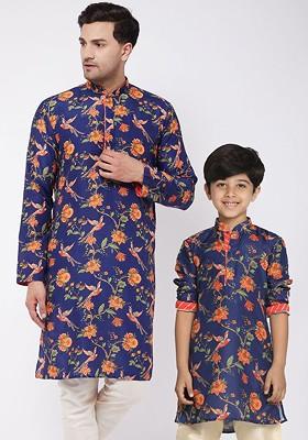 Navy Blue Floral Print Poly Blend Kurta For Men