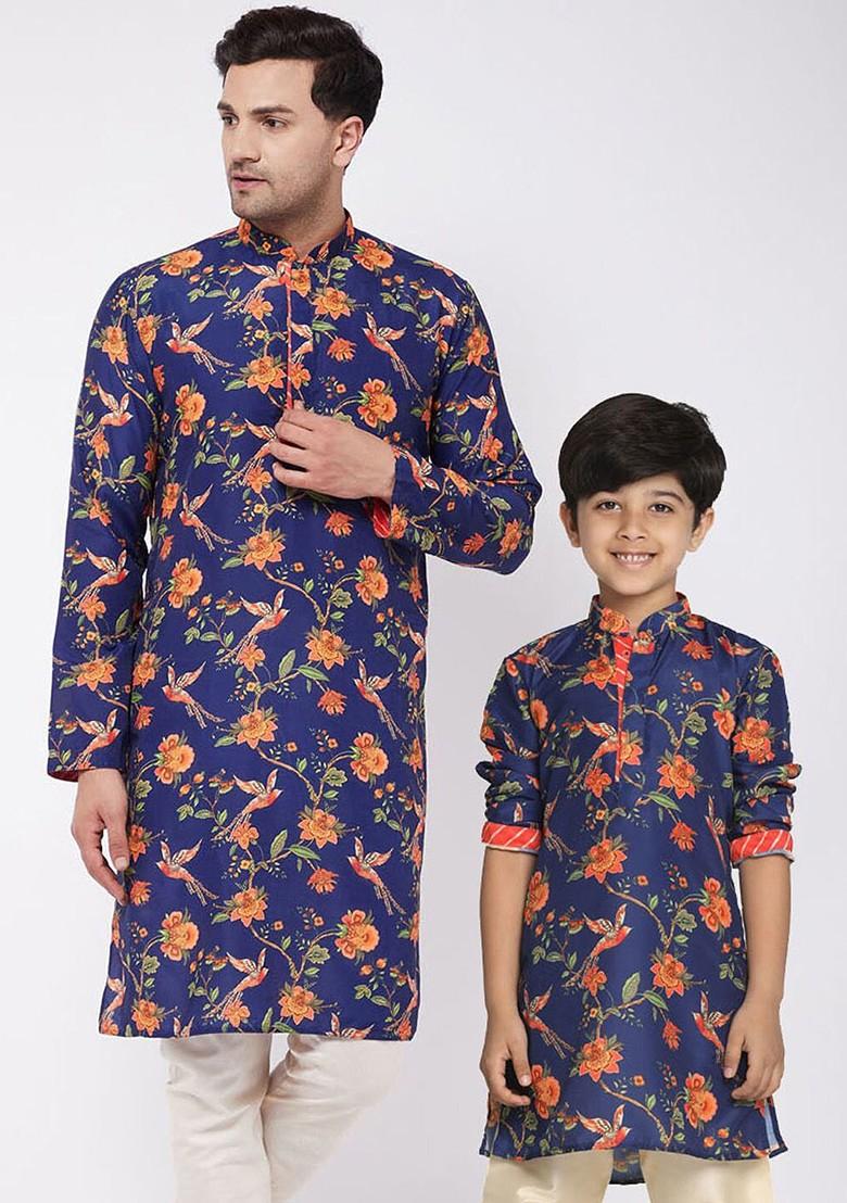 Navy Blue Floral Print Poly Blend Kurta For Men