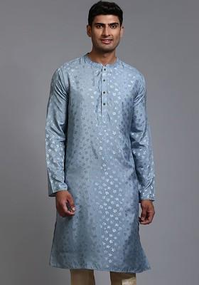 Grey Floral Print Poly Blend Kurta For Men
