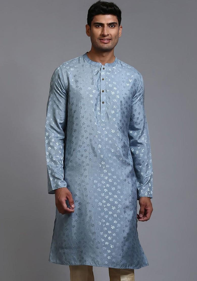 Grey Floral Print Poly Blend Kurta For Men