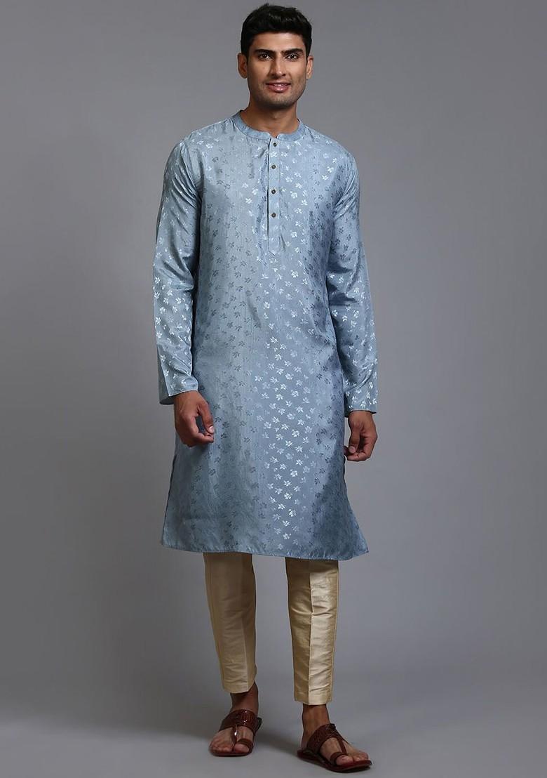 Grey Floral Print Poly Blend Kurta For Men