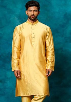 Mustard Solid Poly Blend Kurta For Men