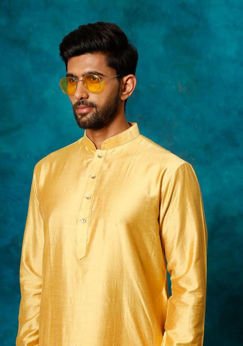 Mustard Solid Poly Blend Kurta For Men