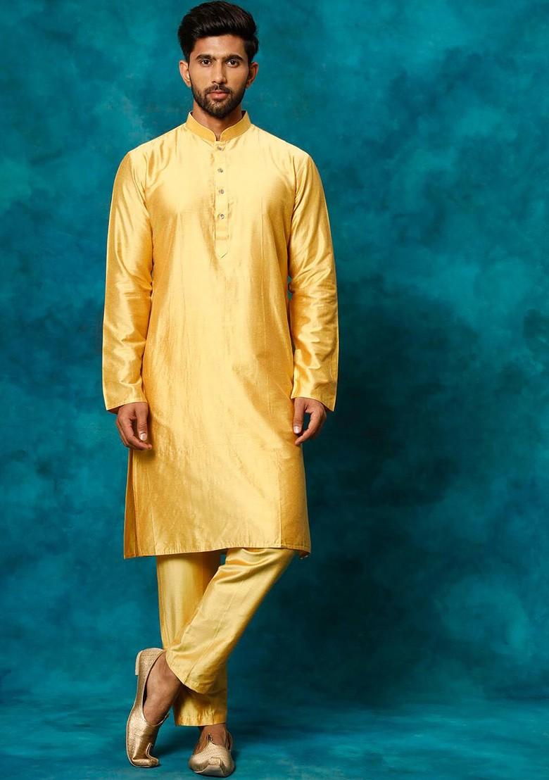 Mustard Solid Poly Blend Kurta For Men