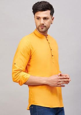 Orange Solid Cotton Kurta For Men
