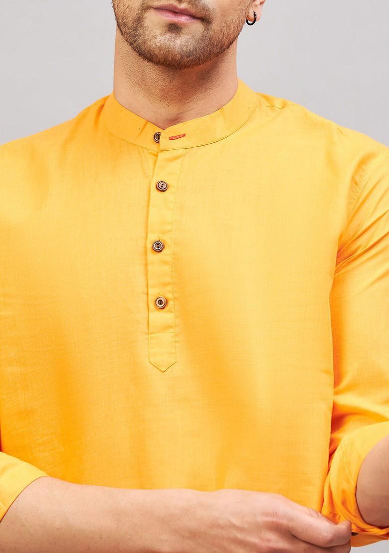 Orange Solid Cotton Kurta For Men