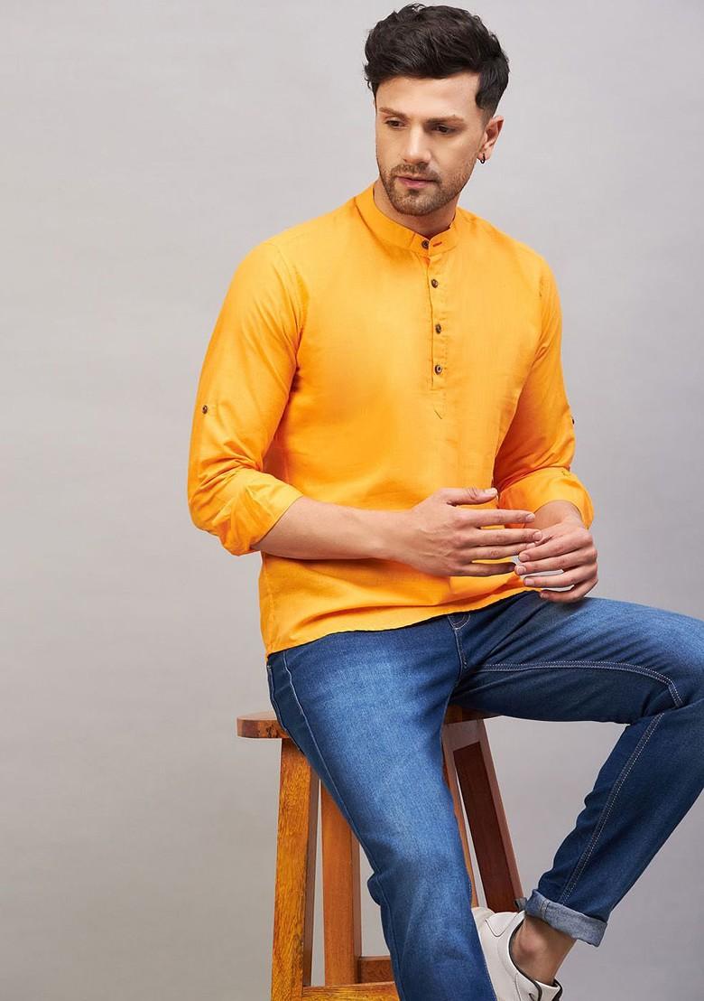 Orange Solid Cotton Kurta For Men