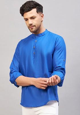 Blue Solid Cotton Kurta For Men