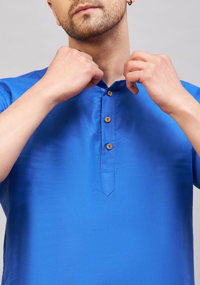 Blue Solid Cotton Kurta For Men