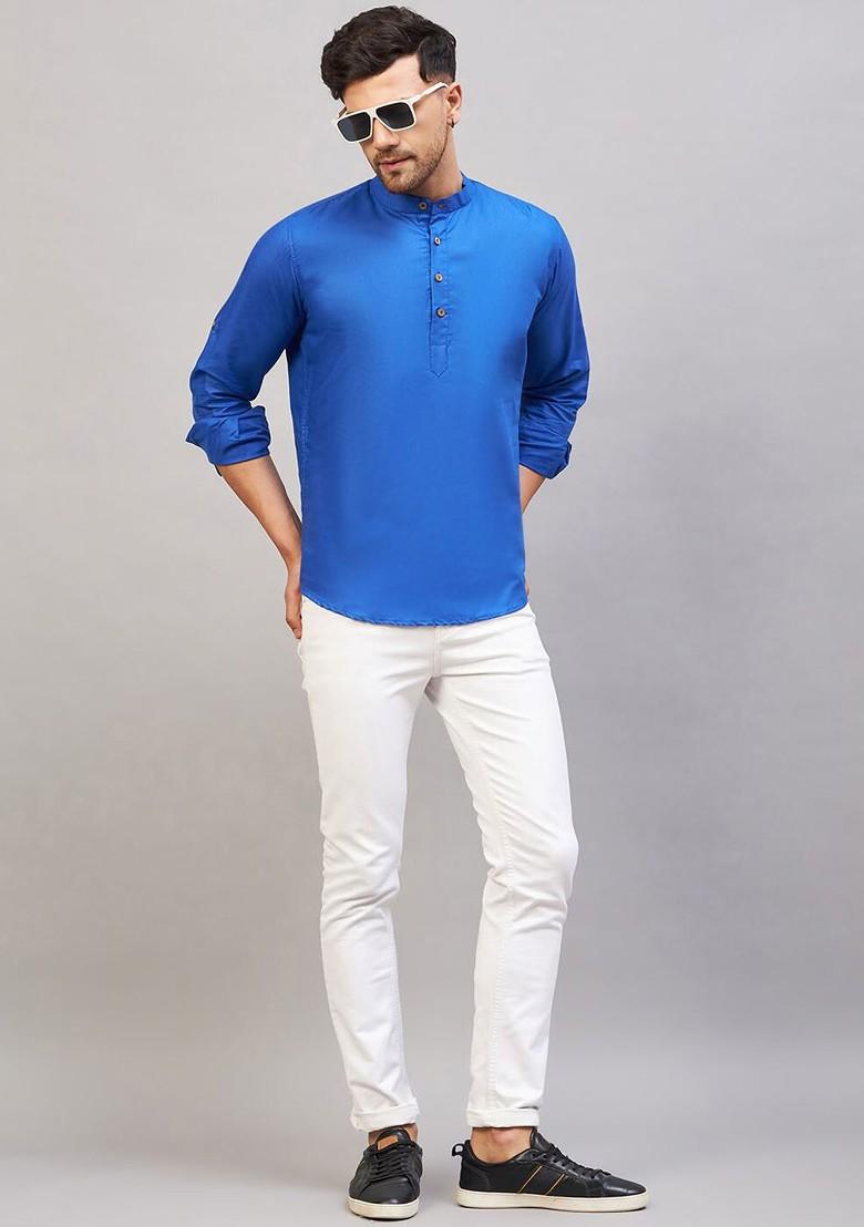 Blue Solid Cotton Kurta For Men