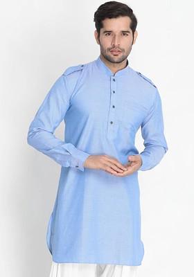 Blue Woven Cotton Kurta For Men