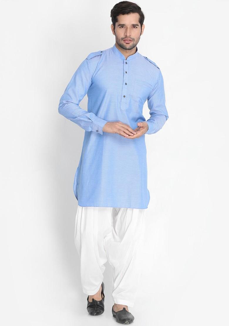 Blue Woven Cotton Kurta For Men