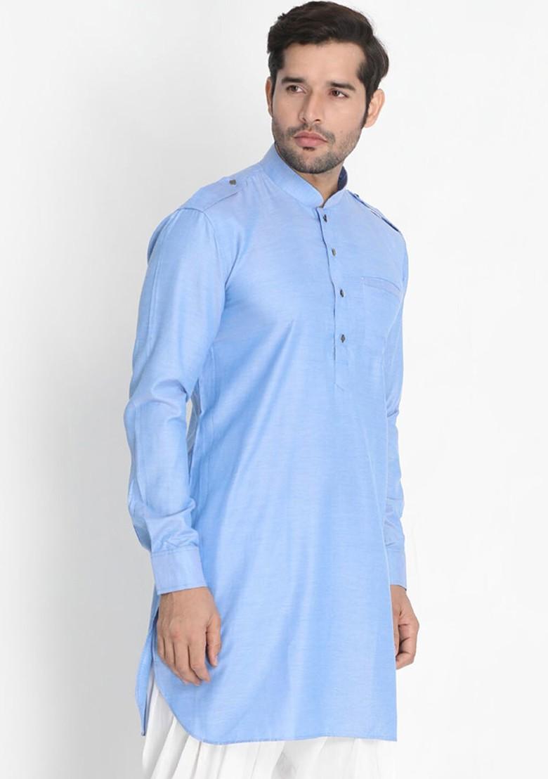 Blue Woven Cotton Kurta For Men