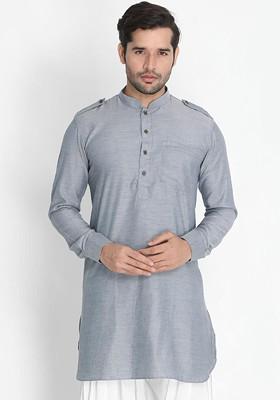 Grey Woven Cotton Kurta For Men