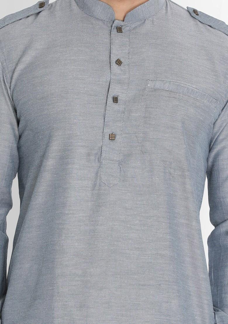 Grey Woven Cotton Kurta For Men